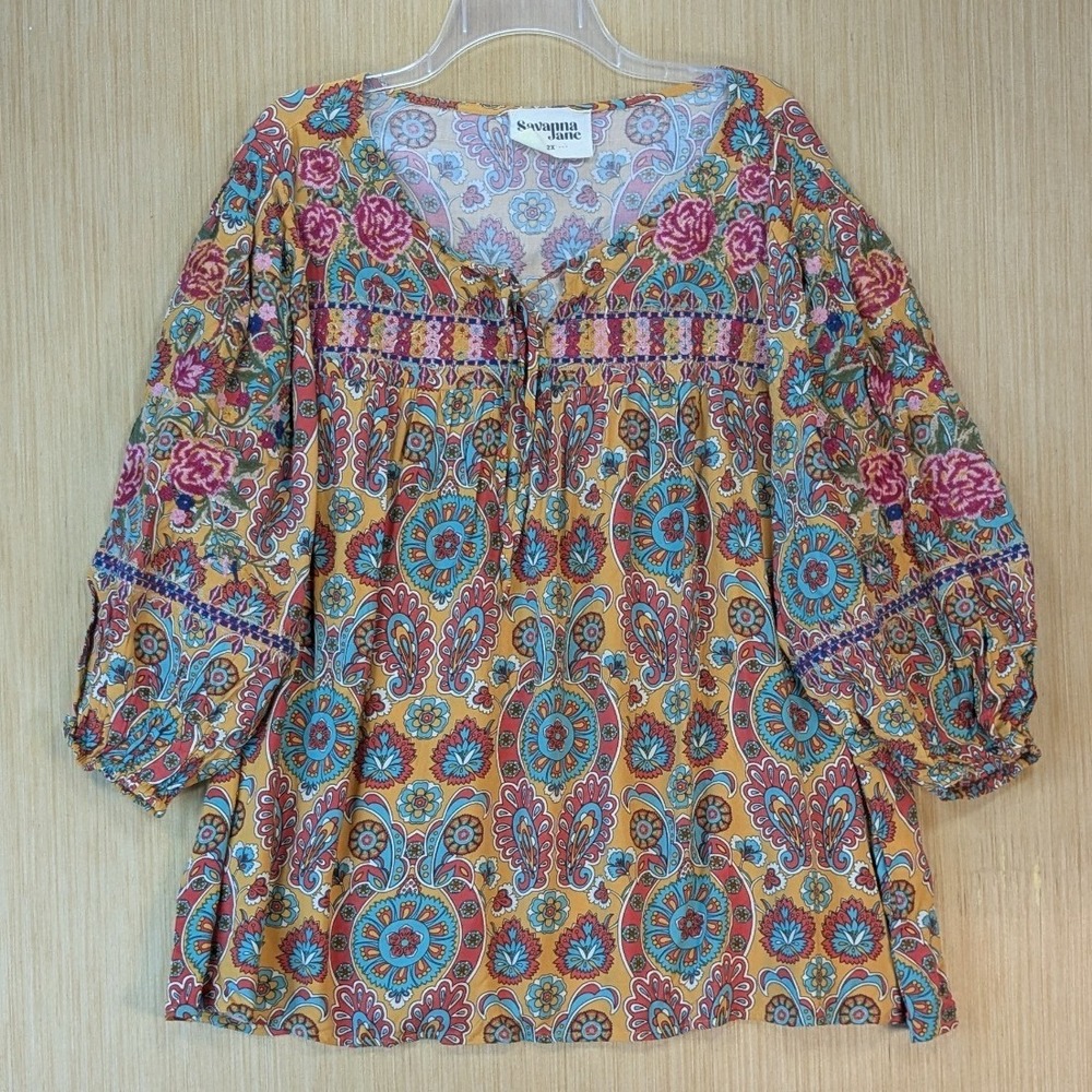 Savanna Jane Womens Boho Retro Paisley Floral Embroidered Babydoll Top 2X Yellow